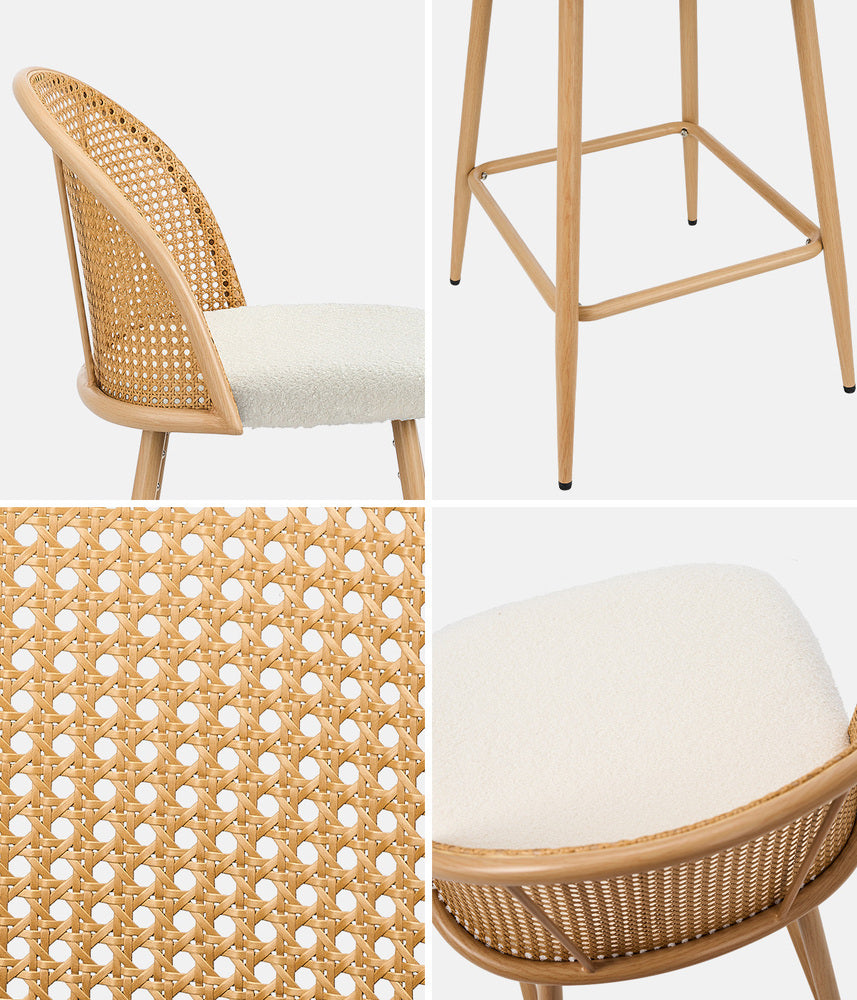 Oikiture 2x Bar Stools Rattan Dining Chair Natural Boucle White-Bar Stool-PEROZ Accessories