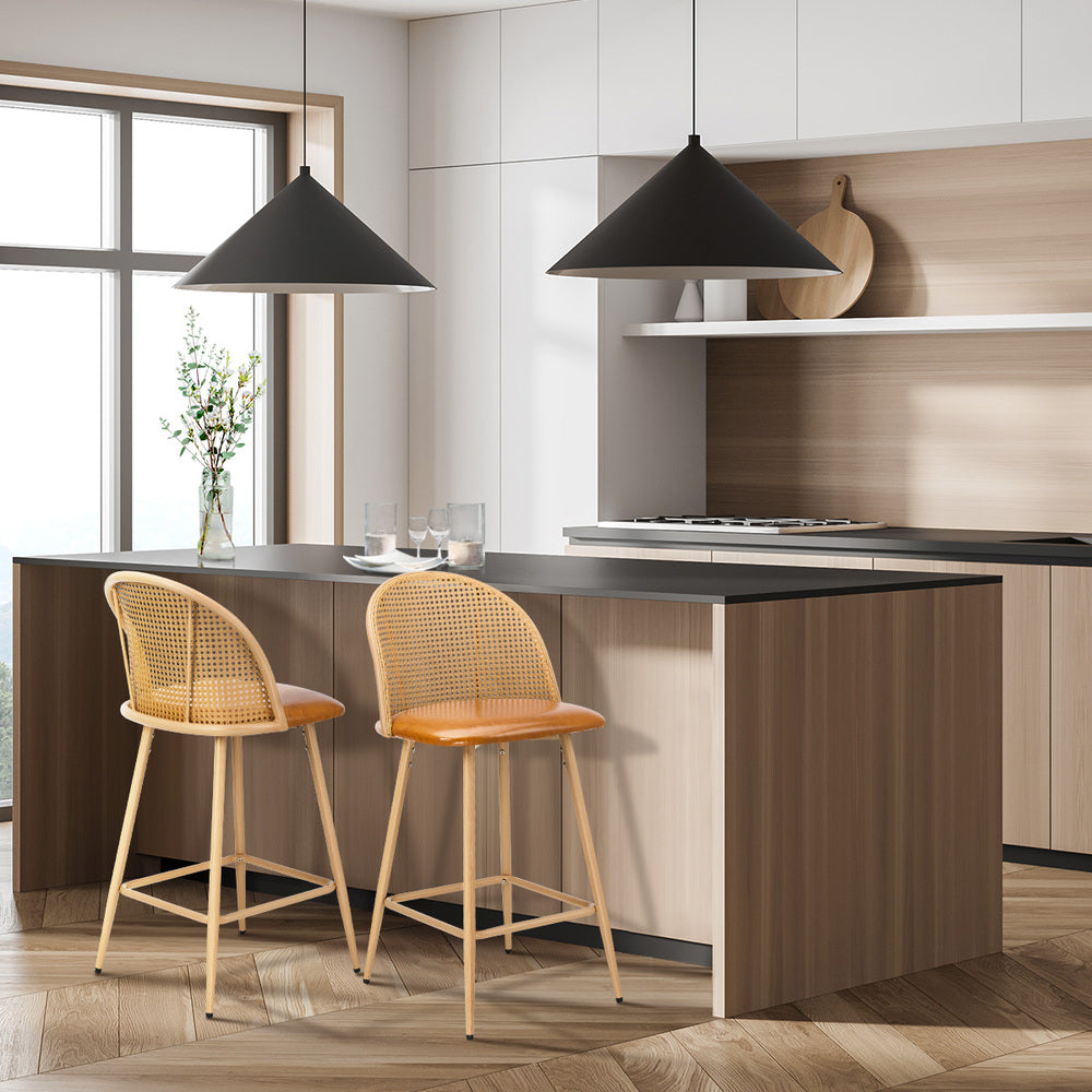 Oikiture 2x Bar Stools Rattan Dining Chair Natural PU Brown-Bar Stool-PEROZ Accessories