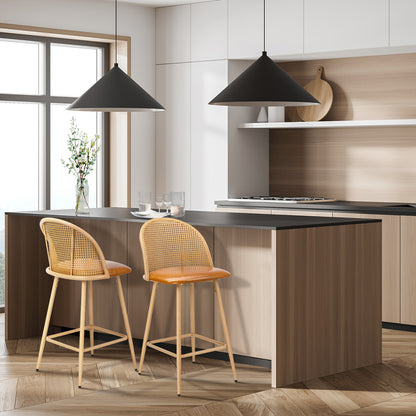 Oikiture 2x Bar Stools Rattan Dining Chair Natural PU Brown-Bar Stool-PEROZ Accessories