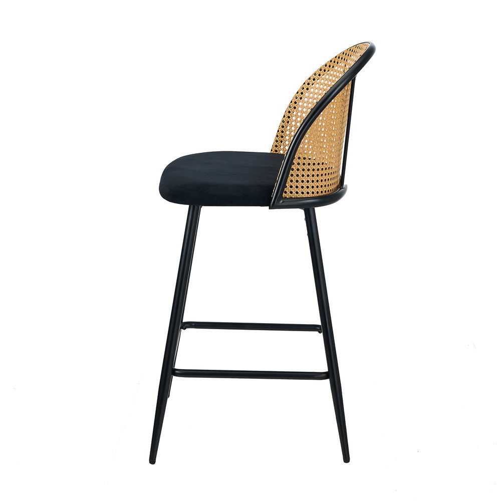 Oikiture 2x Bar Stools Rattan Dining Chair Velvet Black-Bar Stool-PEROZ Accessories