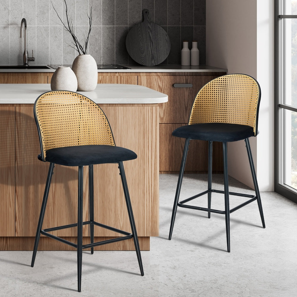 Oikiture 2x Bar Stools Rattan Dining Chair Velvet Black-Bar Stool-PEROZ Accessories