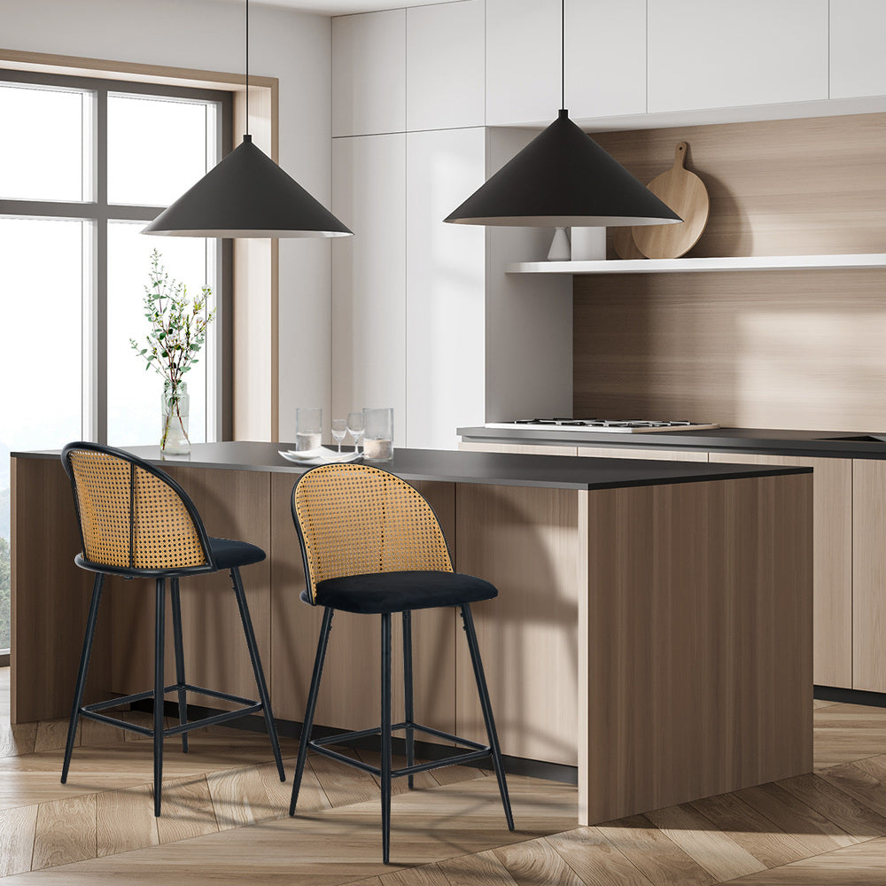 Oikiture 2x Bar Stools Rattan Dining Chair Velvet Black-Bar Stool-PEROZ Accessories