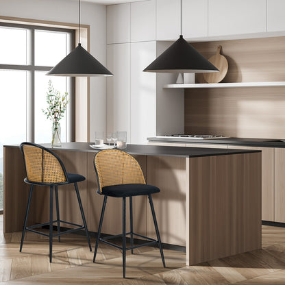 Oikiture 2x Bar Stools Rattan Dining Chair Velvet Black-Bar Stool-PEROZ Accessories