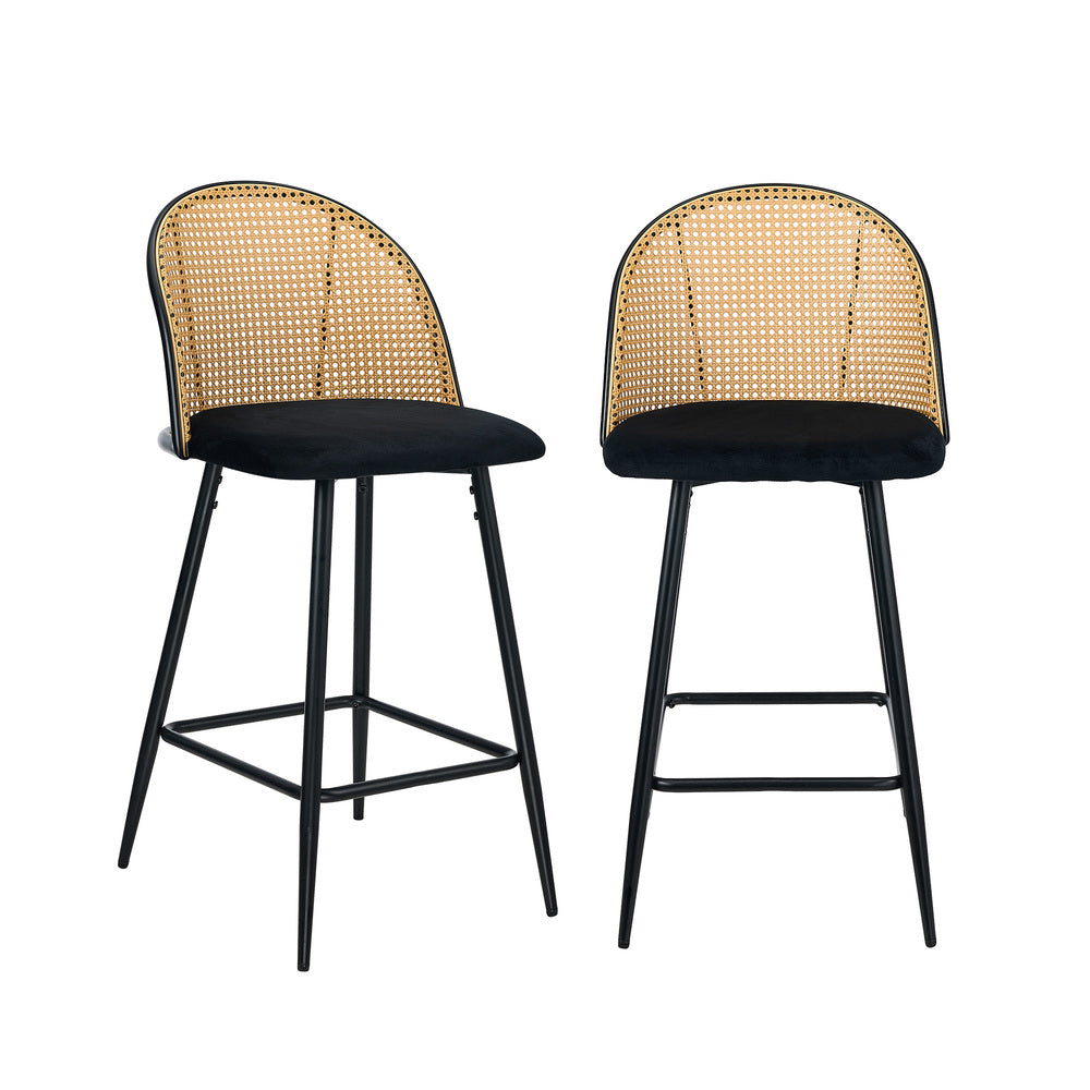 Oikiture 2x Bar Stools Rattan Dining Chair Velvet Black-Bar Stool-PEROZ Accessories