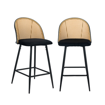 Oikiture 2x Bar Stools Rattan Dining Chair Velvet Black-Bar Stool-PEROZ Accessories