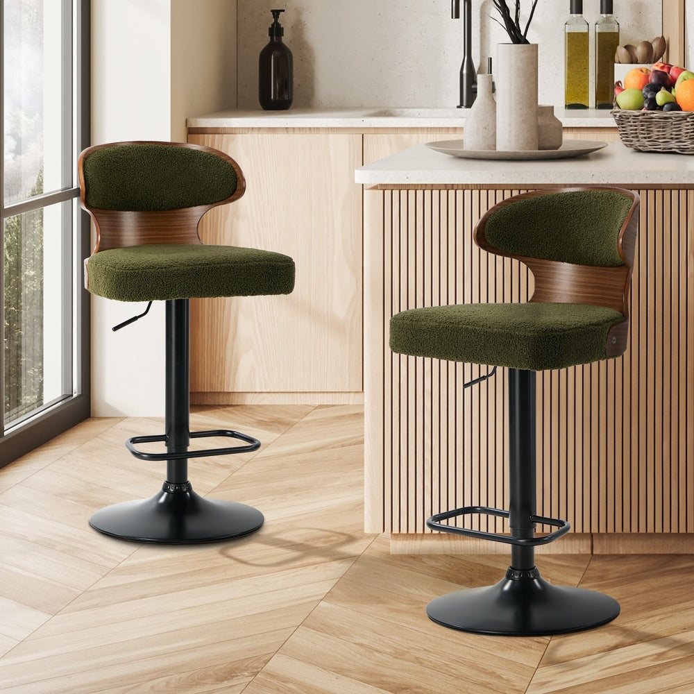 Oikiture 2x Bar Stools Swivel Kitchen Bar Chairs Gas Lift Boucle Green-Bar Stool-PEROZ Accessories