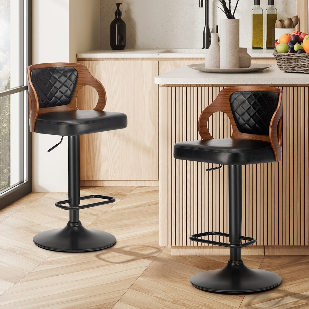Oikiture 2x Bar Stools Swivel Kitchen Bar Stools Leather Black-Bar Stool-PEROZ Accessories