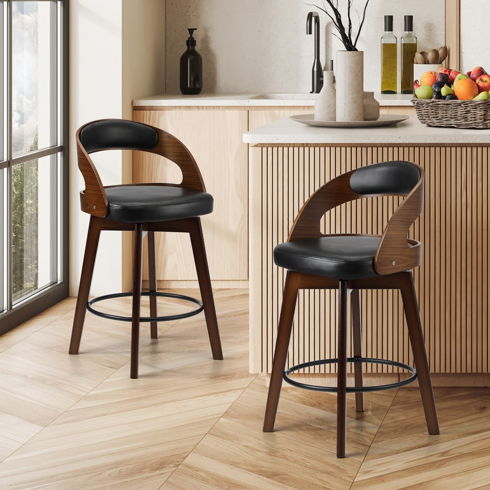 Oikiture 2x Bar Stools Swivel PU Leather Black-Bar Stool-PEROZ Accessories