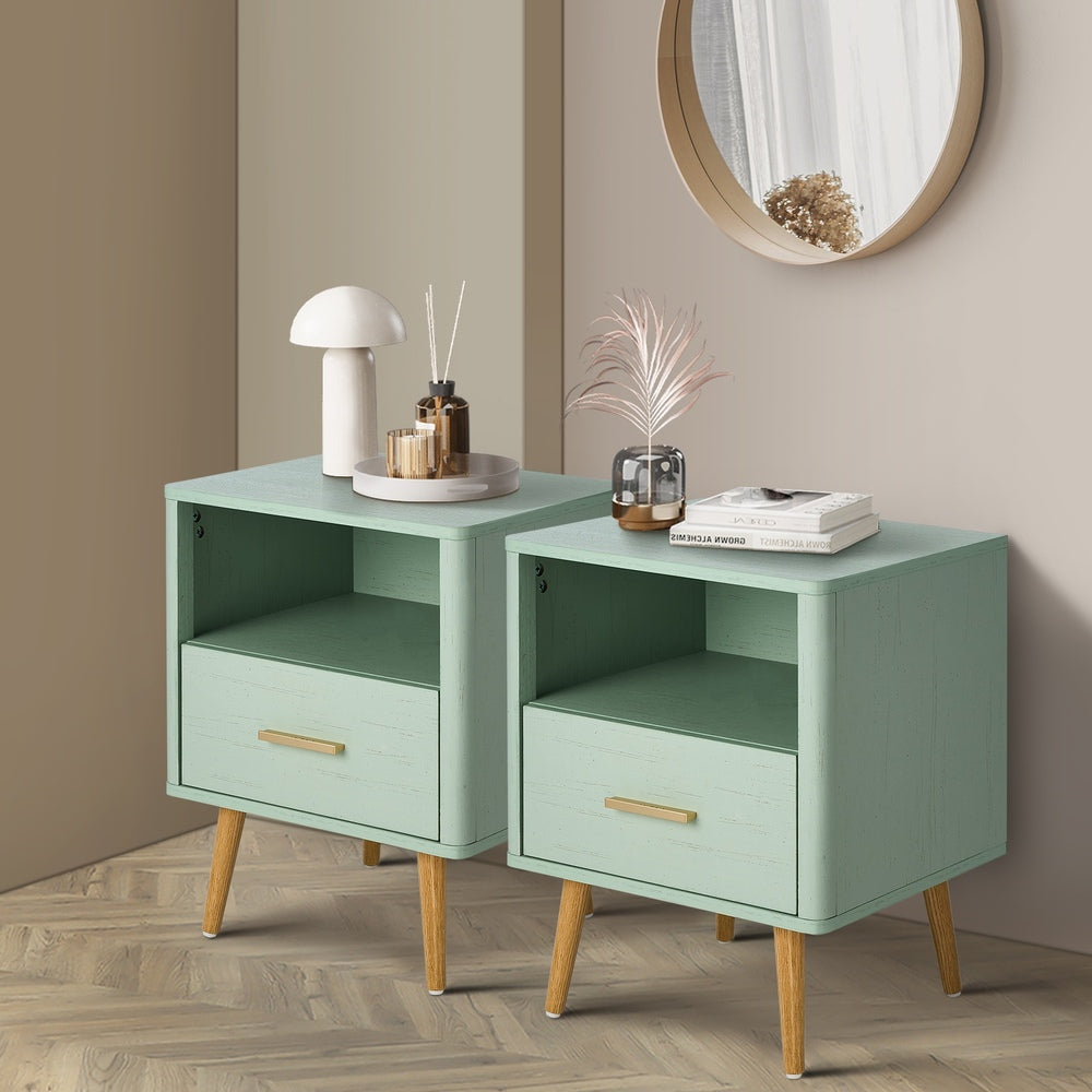Oikiture 2x Bedside Table 1 Drawer Open Shelf Nightstand Green-Bedside Table-PEROZ Accessories