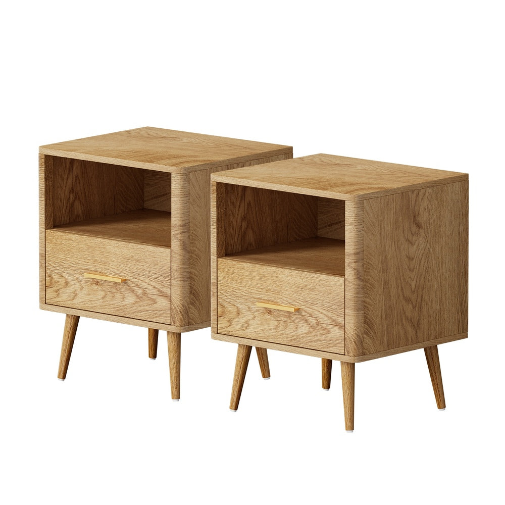 Oikiture 2x Bedside Table 1 Drawer Open Shelf Nightstand Natural-Bedside Table-PEROZ Accessories