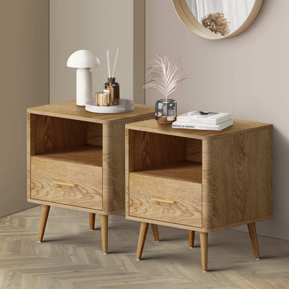 Oikiture 2x Bedside Table 1 Drawer Open Shelf Nightstand Natural-Bedside Table-PEROZ Accessories