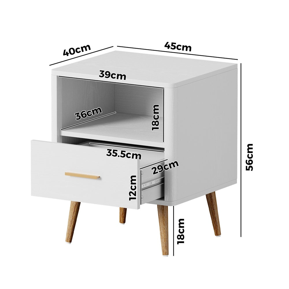 Oikiture 2x Bedside Table 1 Drawer Open Shelf Nightstand White-Bedside Table-PEROZ Accessories