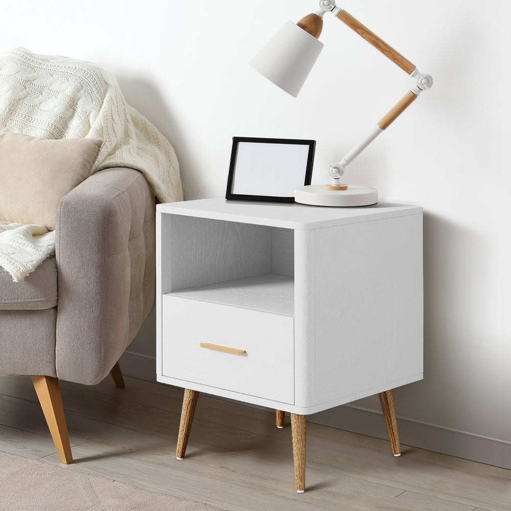 Oikiture 2x Bedside Table 1 Drawer Open Shelf Nightstand White-Bedside Table-PEROZ Accessories