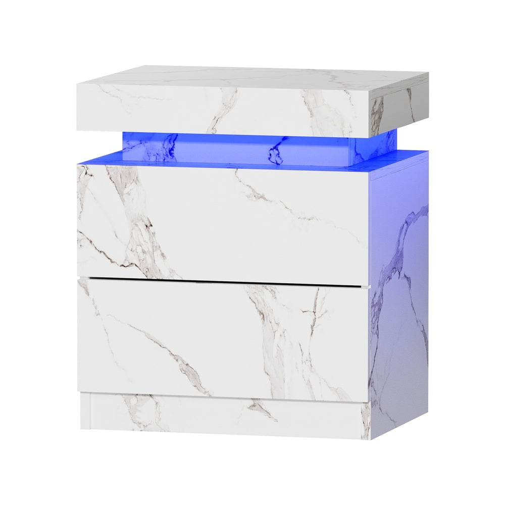 Oikiture 2x Bedside Table 2 Drawers LED Nightstand Marble Effect White-Bedside Tables-PEROZ Accessories