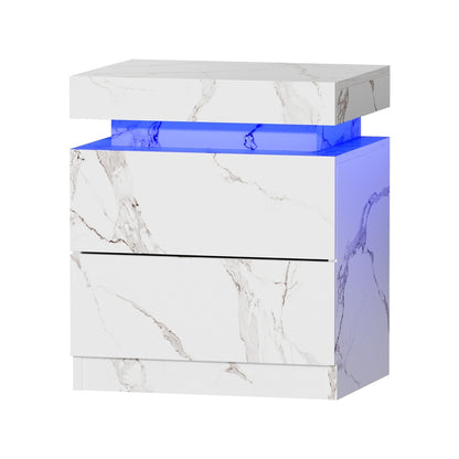 Oikiture 2x Bedside Table 2 Drawers LED Nightstand Marble Effect White-Bedside Tables-PEROZ Accessories