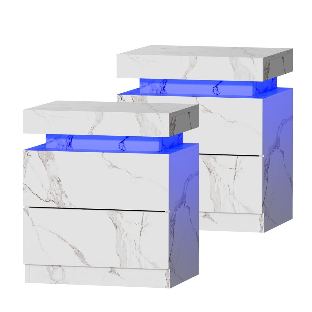 Oikiture 2x Bedside Table 2 Drawers LED Nightstand Marble Effect White-Bedside Tables-PEROZ Accessories