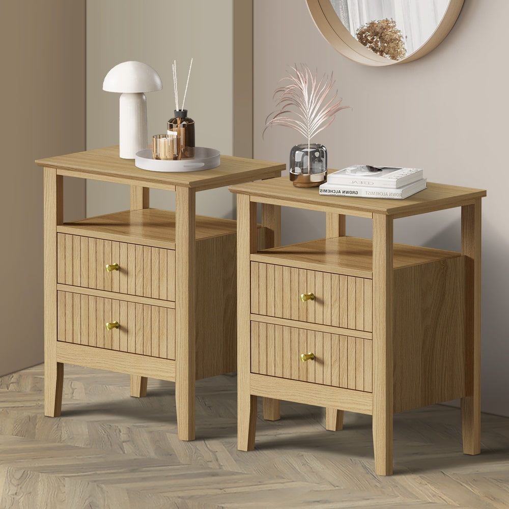 Oikiture 2x Bedside Table 2 Drawers Open Shelf Nightstand Natural-Bedside Tables-PEROZ Accessories