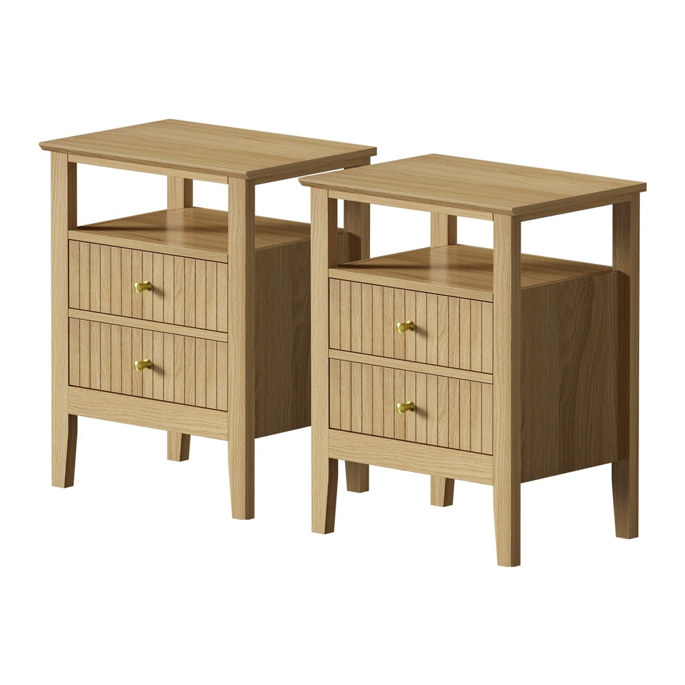Oikiture 2x Bedside Table 2 Drawers Open Shelf Nightstand Natural-Bedside Tables-PEROZ Accessories