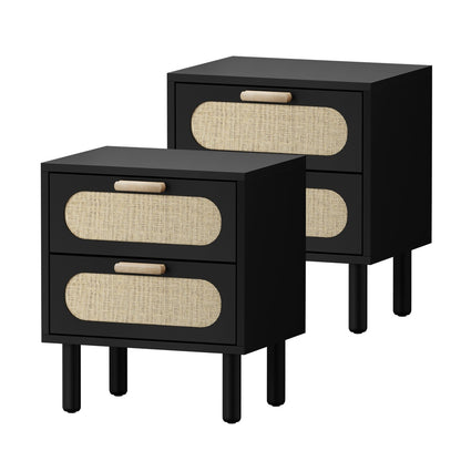 Oikiture 2x Bedside Table 2 Drawers Rattan Black-Bedside Tables-PEROZ Accessories