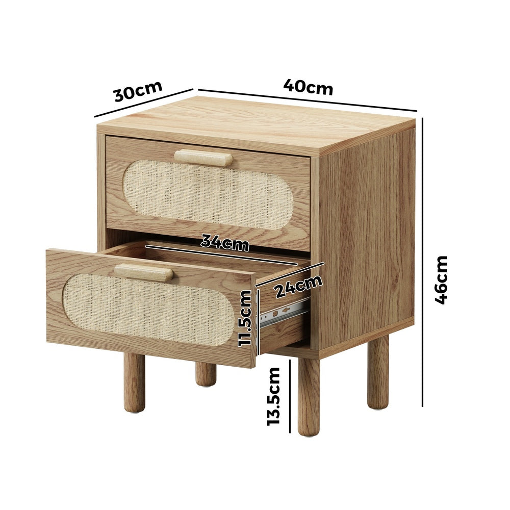 Oikiture 2x Bedside Table 2 Drawers Rattan Natural-Bedside Tables-PEROZ Accessories