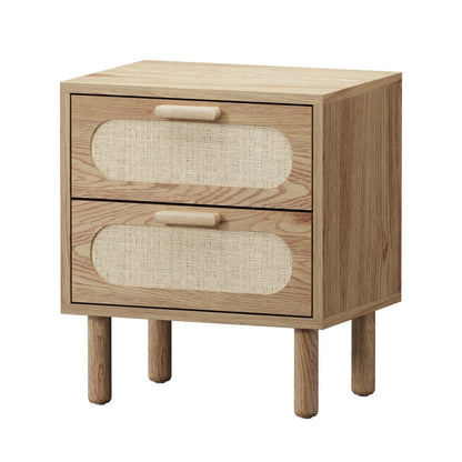 Oikiture 2x Bedside Table 2 Drawers Rattan Natural-Bedside Tables-PEROZ Accessories