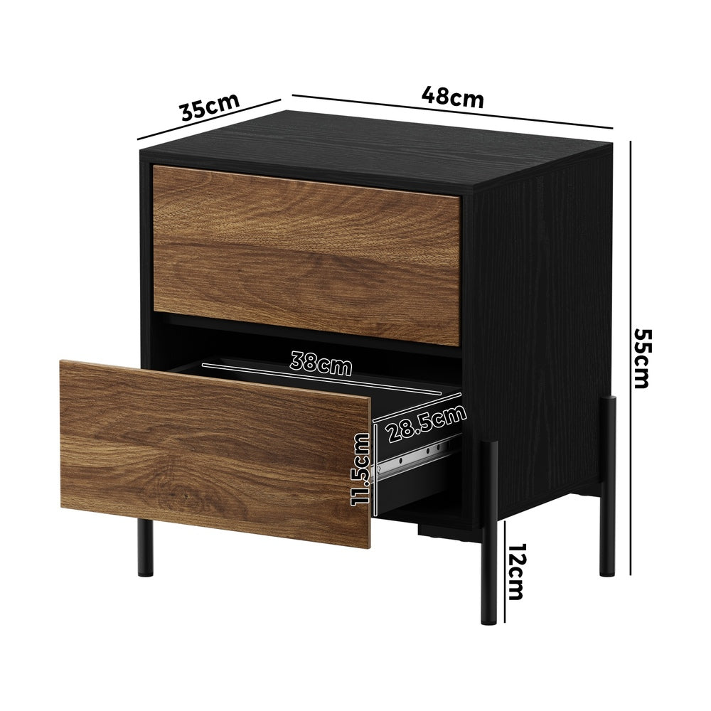 Oikiture 2x Bedside Table 2 Drawers Side End Nightstand Walnut-Bedside Tables-PEROZ Accessories