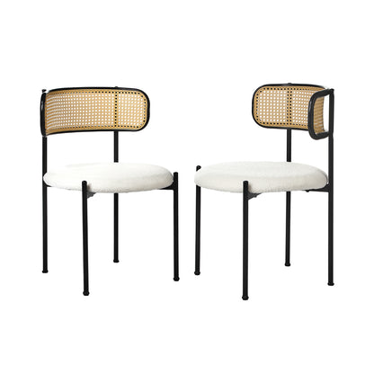 Oikiture 2x Dining Chair Round Boucle Rattan Backrest Black &amp; White-Dining Chair-PEROZ Accessories
