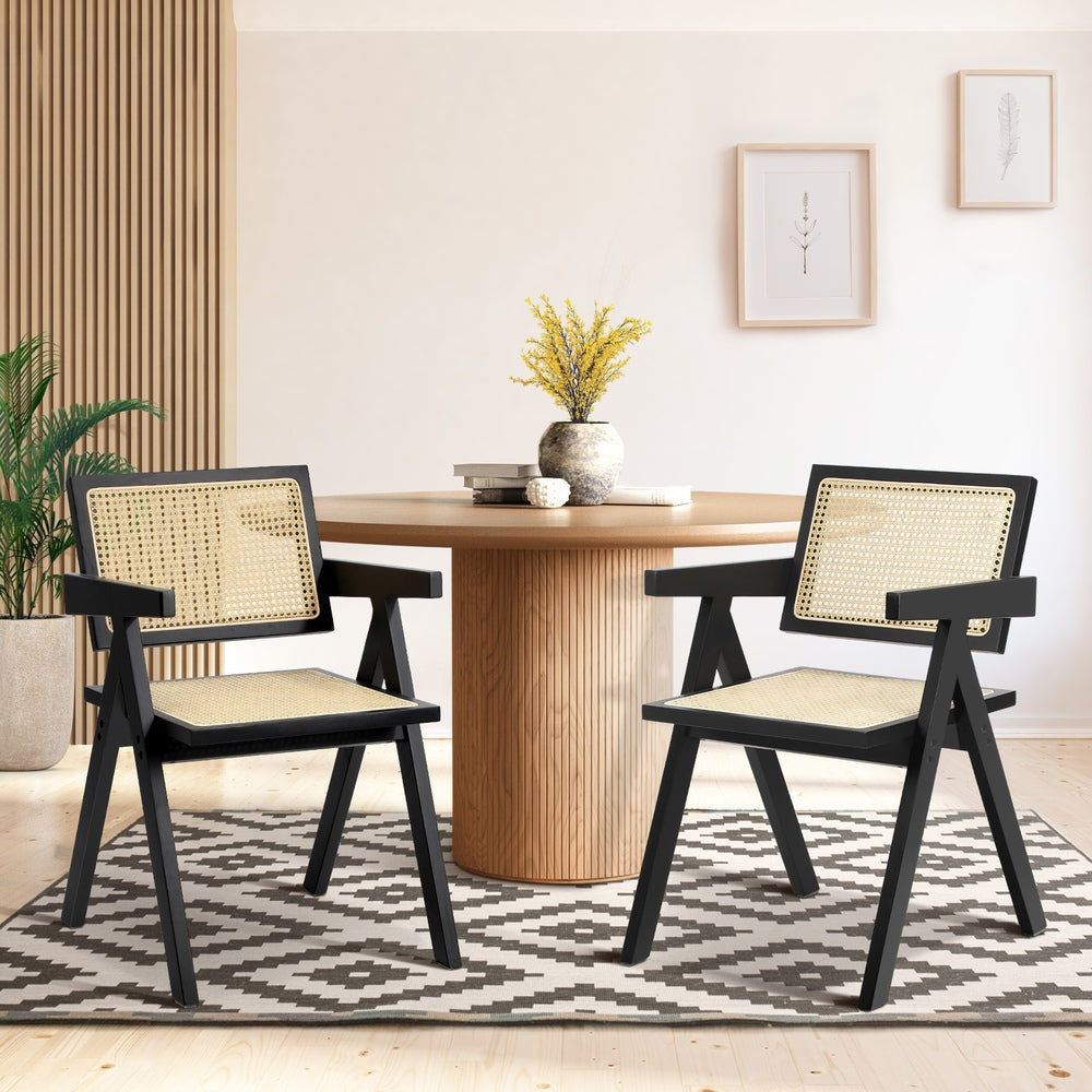 Oikiture 2x Dining Chairs Rattan Chair Wooden Balck-Dining Chair-PEROZ Accessories