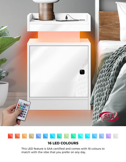 Oikiture 2x LED Bedside Table USB Charging Station White-Bedside Tables-PEROZ Accessories