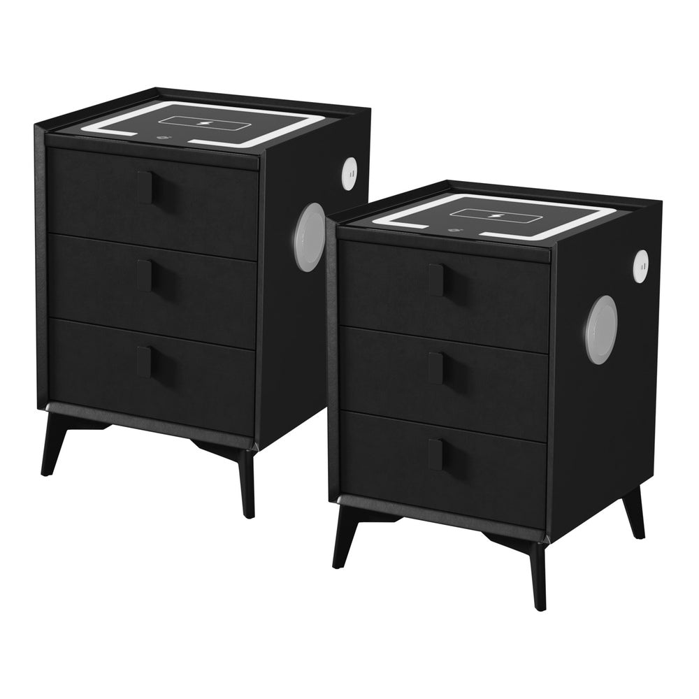 Oikiture 2x Smart Bedside Tables Wireless Charging LED 3 Drawers Black-Bedside Tables-PEROZ Accessories