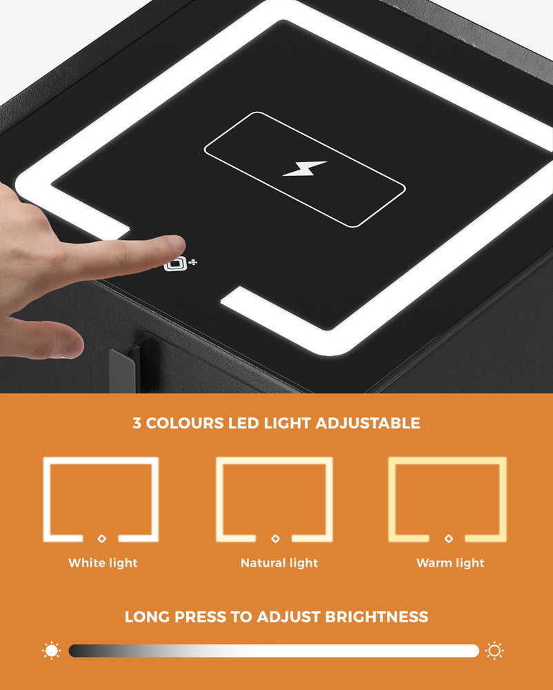 Oikiture 2x Smart Bedside Tables Wireless Charging LED 3 Drawers Black-Bedside Tables-PEROZ Accessories