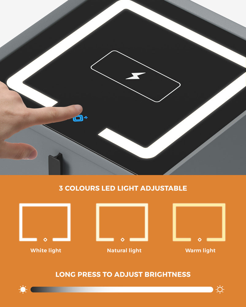 Oikiture 2x Smart Bedside Tables Wireless Charging LED 3 Drawers Grey-Bedside Table-PEROZ Accessories