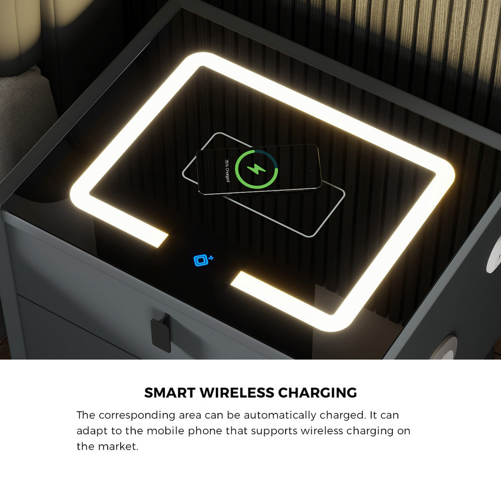 Oikiture 2x Smart Bedside Tables Wireless Charging LED Nightstand Grey-Bedside Table-PEROZ Accessories