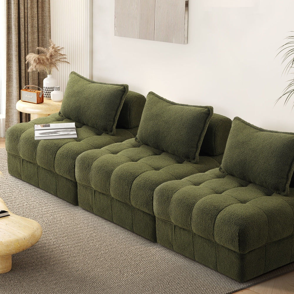 Oikiture 3 Seater Boucle Modular Sofa Armless TOFU Back Green-Sofa-PEROZ Accessories