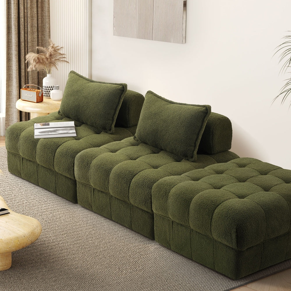 Oikiture 3 Seater Boucle Modular Sofa &amp; Ottoman Set Green-Sofa-PEROZ Accessories