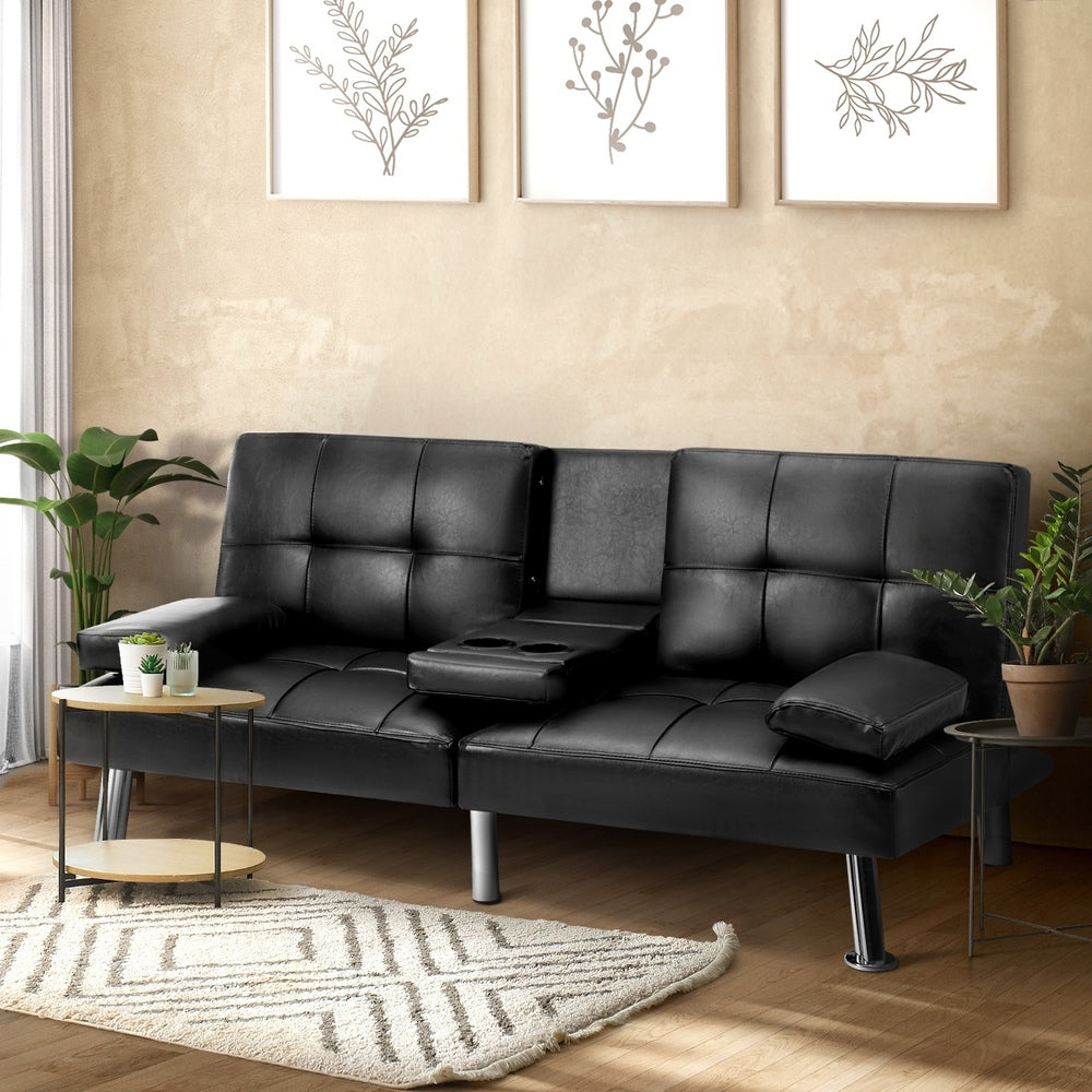 Oikiture 3-Seater Sofa Bed with Cup Holders Black Leather-Sofa Beds-PEROZ Accessories