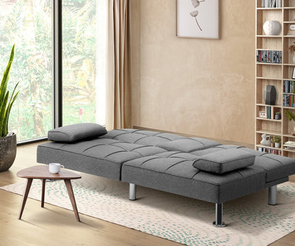 Oikiture 3 Seater Sofa Bed with Cup Holders Grey Fabric-Sofa Beds-PEROZ Accessories