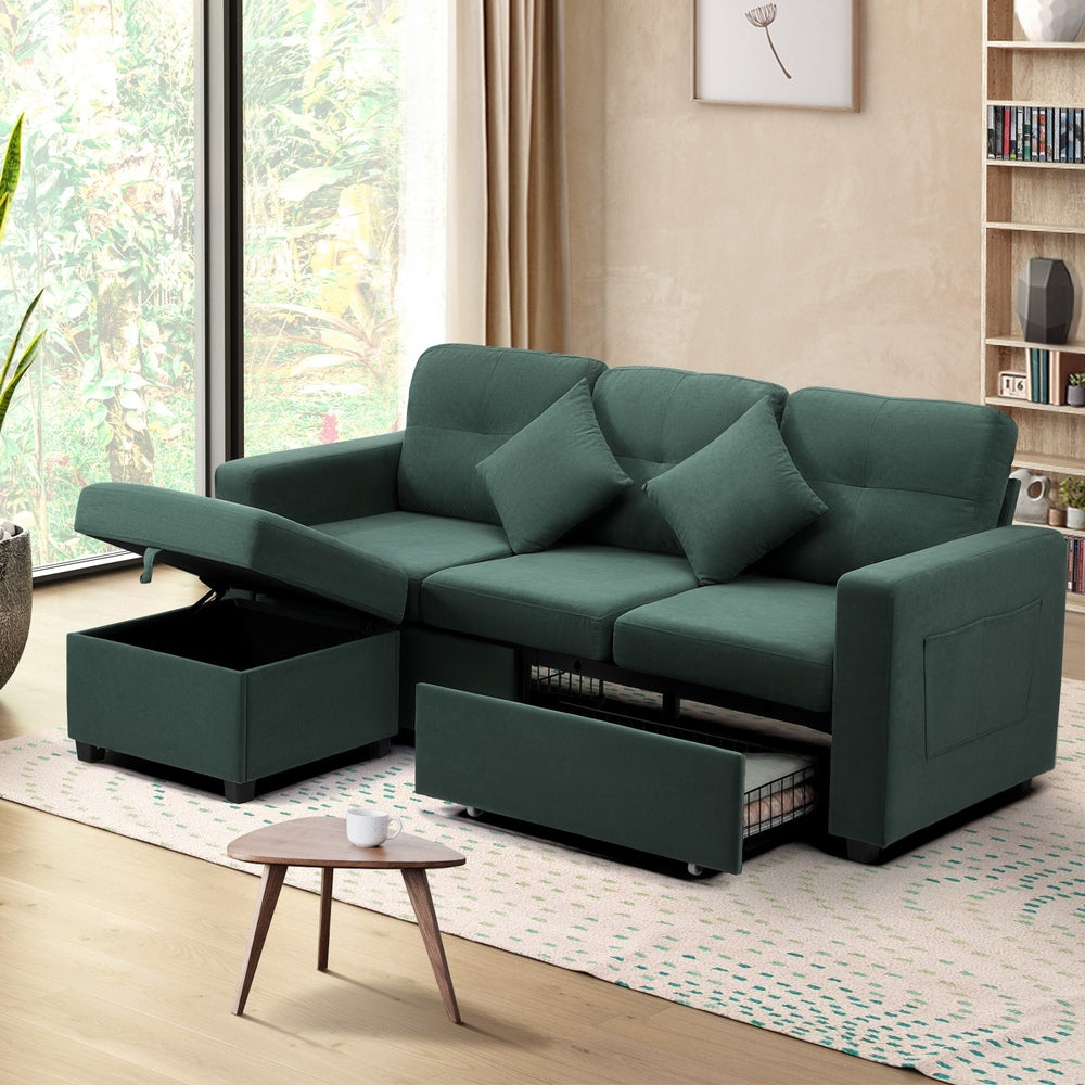 Oikiture 3 Seater Sofa Lounge Set Modular Couch Drawers &amp; Ottoman Velvet Green-Sofa-PEROZ Accessories