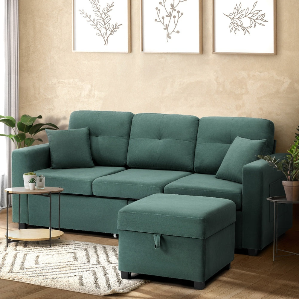 Oikiture 3 Seater Sofa Lounge Set Modular Couch Drawers &amp; Ottoman Velvet Green-Sofa-PEROZ Accessories