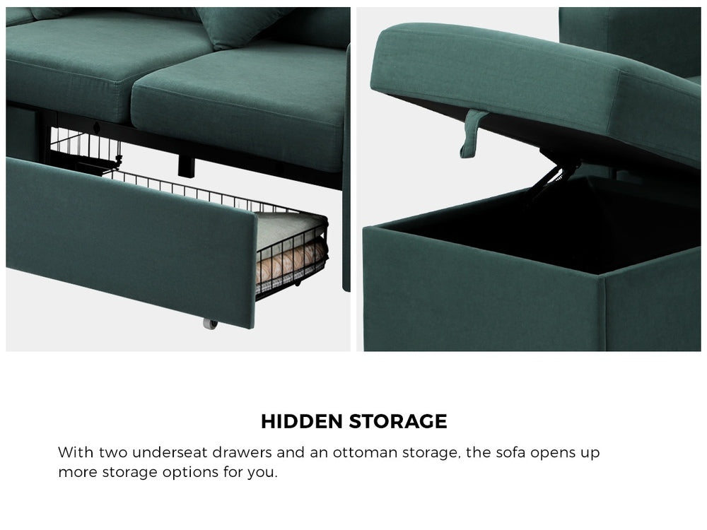 Oikiture 3 Seater Sofa Lounge Set Modular Couch Drawers &amp; Ottoman Velvet Green-Sofa-PEROZ Accessories