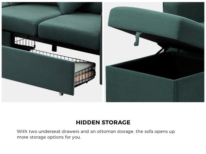 Oikiture 3 Seater Sofa Lounge Set Modular Couch Drawers &amp; Ottoman Velvet Green-Sofa-PEROZ Accessories