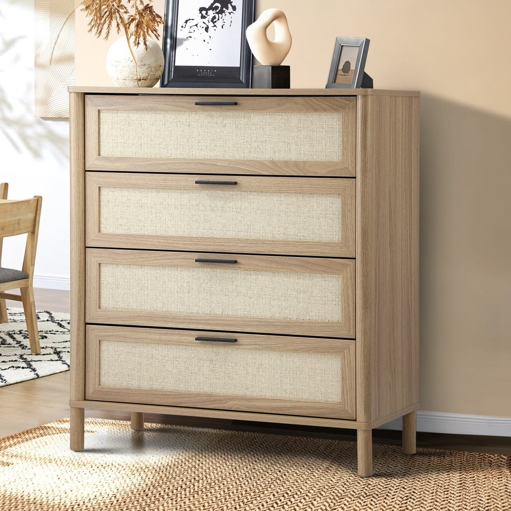 Oikiture 4 Chest of Drawers Rattan Dresser Natural-Chest of Drawers-PEROZ Accessories