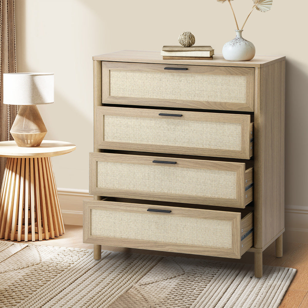 Oikiture 4 Chest of Drawers Rattan Dresser Natural-Chest of Drawers-PEROZ Accessories