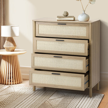 Oikiture 4 Chest of Drawers Rattan Dresser Natural-Chest of Drawers-PEROZ Accessories