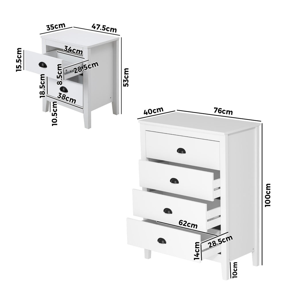 Oikiture 4 Chest of Drawers and 2 Bedside Tables Vintage Bedroom Set White-Chest of Drawers-PEROZ Accessories