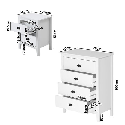 Oikiture 4 Chest of Drawers and 2 Bedside Tables Vintage Bedroom Set White-Chest of Drawers-PEROZ Accessories