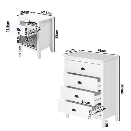 Oikiture 4 Chest of Drawers and Bedside Table Vintage Bedroom Set-Chest of Drawers-PEROZ Accessories