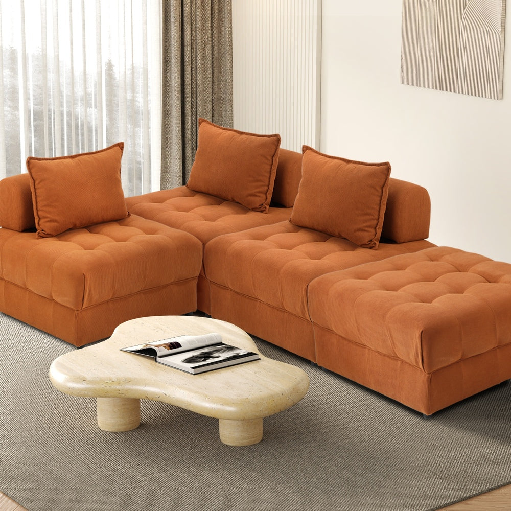 Oikiture 4 Seater Velvet Modular Sofa &amp; Ottoman Set with Backrest Brown-Armchair-PEROZ Accessories