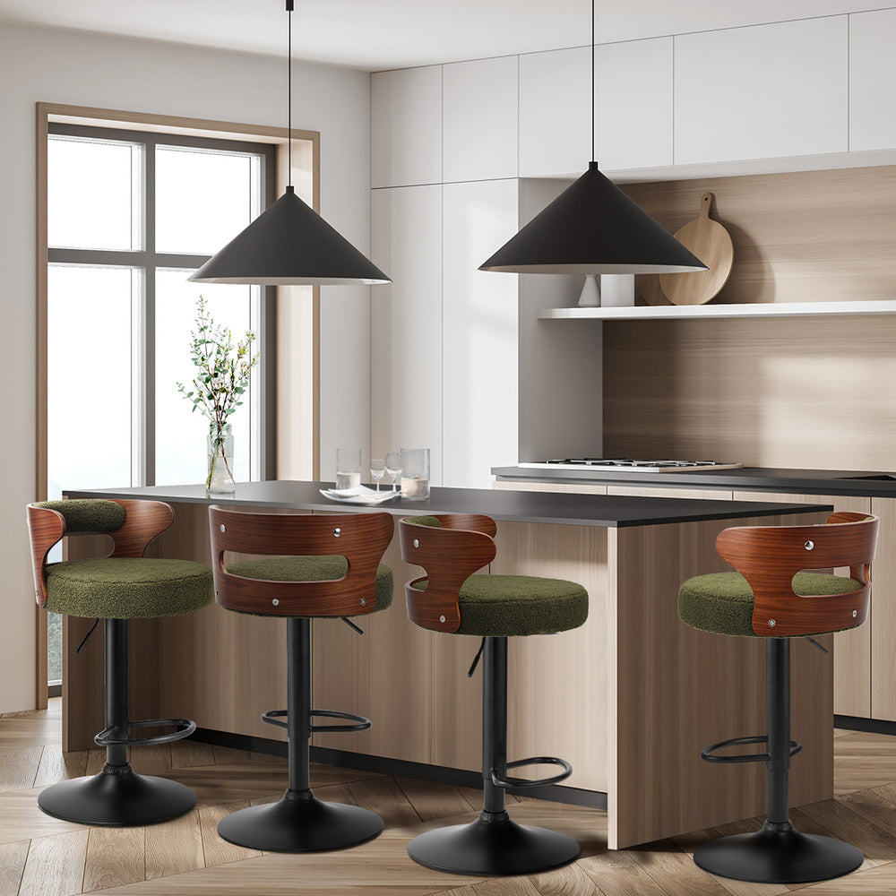 Oikiture 4x Bar Stools Gas Lift Swivel Chairs Wooden Boucle Green-Bar Stool-PEROZ Accessories