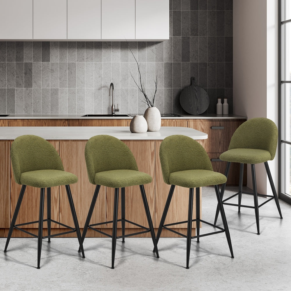 Oikiture 4x Bar Stools Kitchen Counter Stool Green Boucle Padded-Bar Stool-PEROZ Accessories
